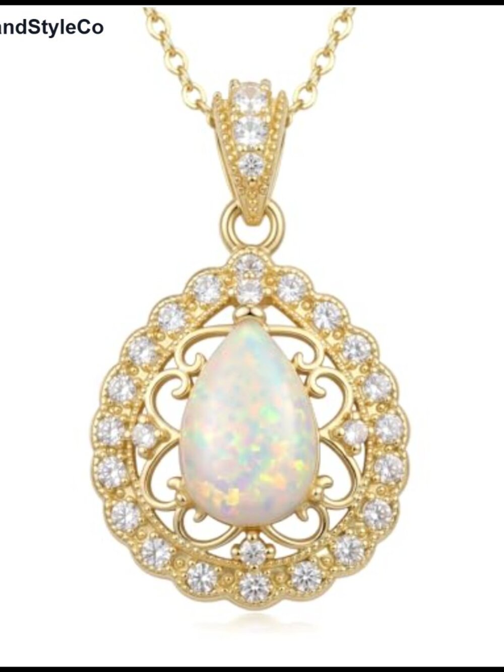 14K Gold Plated Opal Necklace Women Teardrop Filigree Pendant Vintage Jewelry